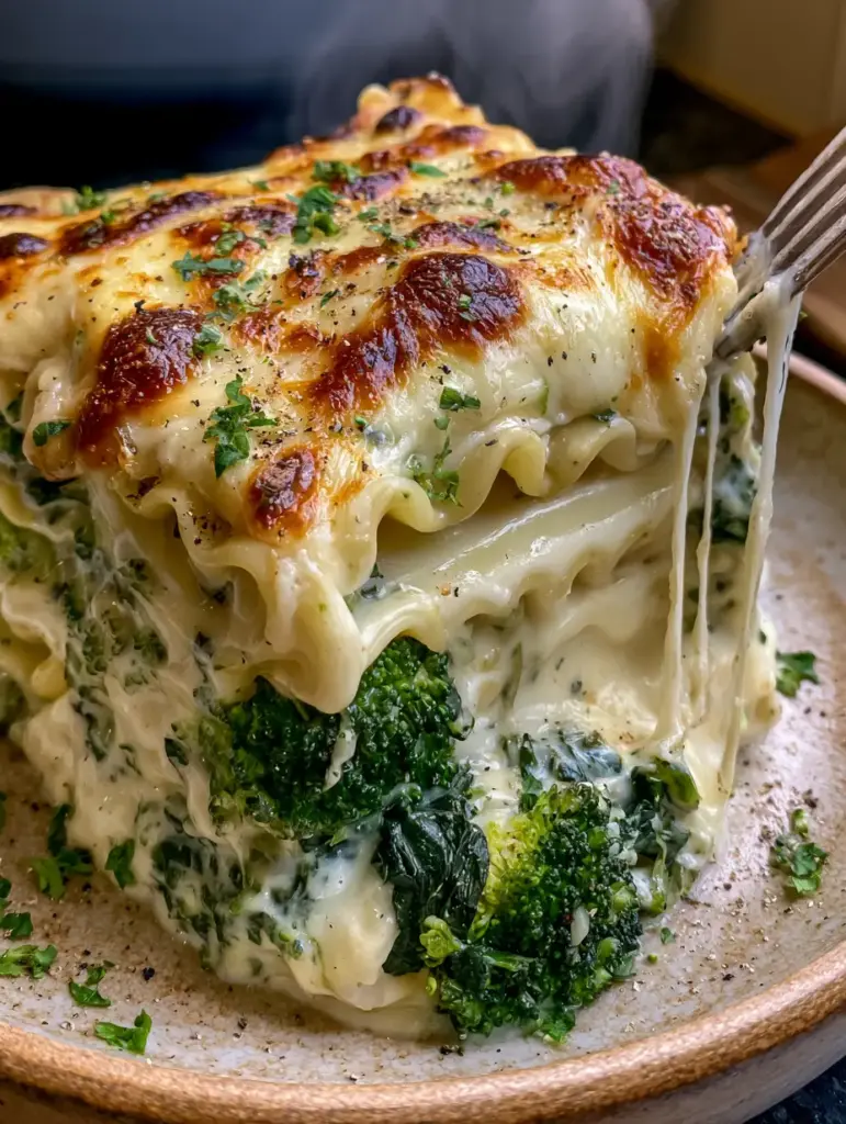 Weiße Lasagne: Das ultimative Rezept für cremigen Brokkoli-Spinat-Genuss 2 Seitenansicht eines Stücks weiße Lasagne mit dehnbarem Käsefaden und goldbrauner Kruste. (weiße lasagne)