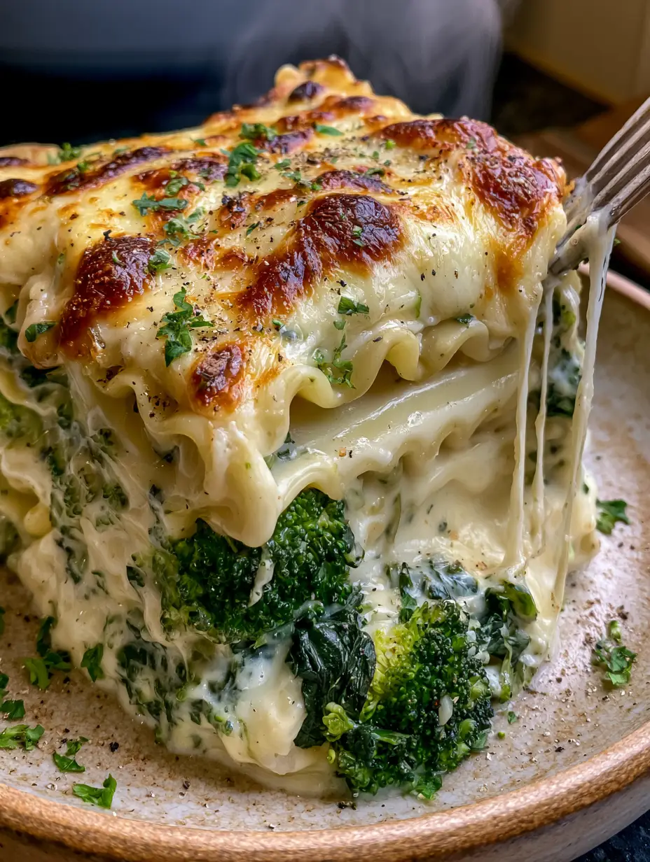 Weiße Lasagne: Das ultimative Rezept für cremigen Brokkoli-Spinat-Genuss 3 Seitenansicht eines Stücks weiße Lasagne mit dehnbarem Käsefaden und goldbrauner Kruste. (weiße lasagne)