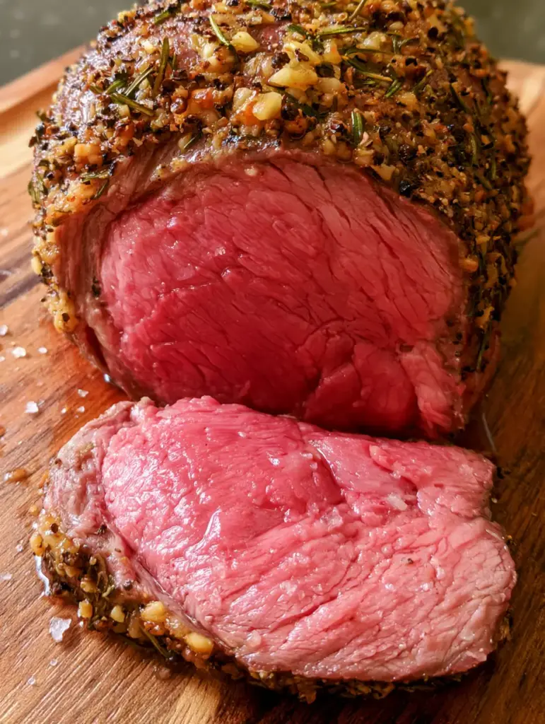 Aufgeschnittenes Rinderfilet mit glänzendem Fleischsaft und Meersalzflocken.
