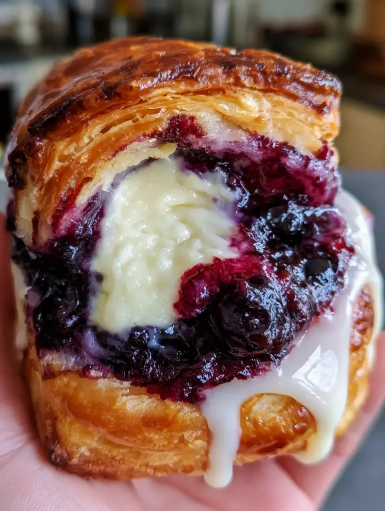 Blaubeer-Zitronen-Teilchen: Das ultimative Rezept für knusprige Blätterteig-Träume 1 Ein Blaubeer-Zitronen-Teilchen wird in der Hand gehalten, Blaubeer-Kompott blubbert in der Mitte.