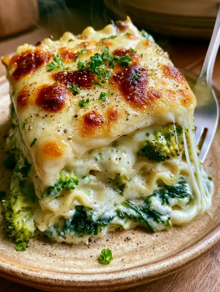 Weiße Lasagne: Das ultimative Rezept für cremigen Brokkoli-Spinat-Genuss 1 Nahaufnahme der goldbraun gebackenen Käseschicht einer weißen Lasagne mit frischer Petersilie.