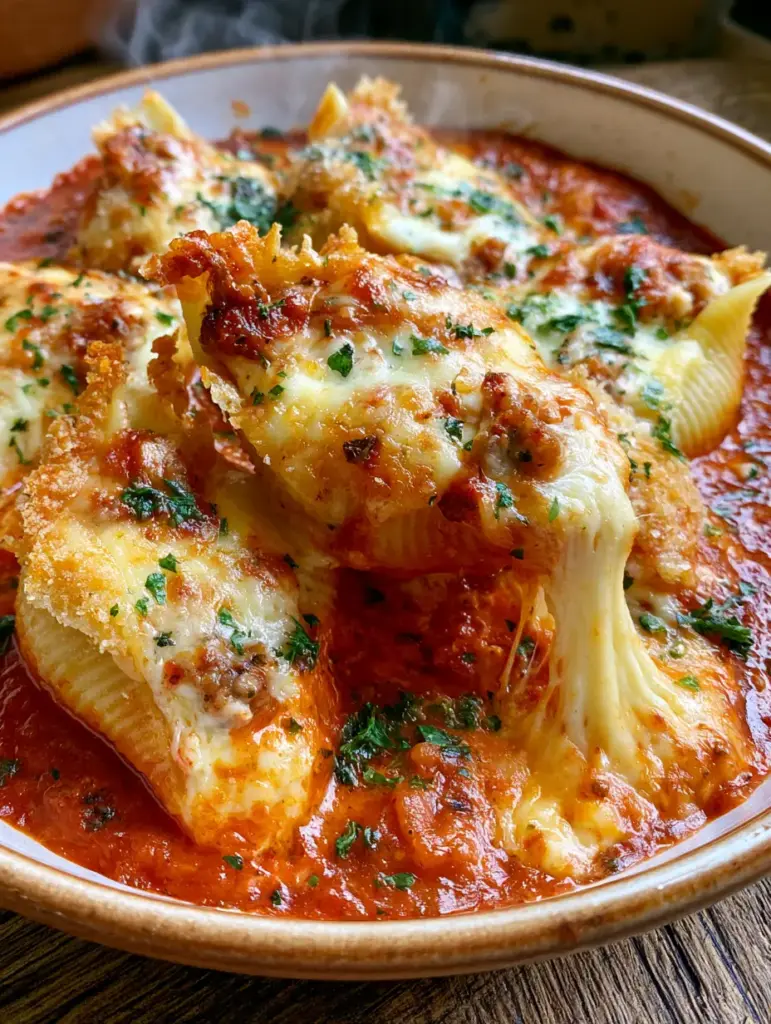 Gefüllte Pasta-Muscheln in Tomatensauce mit knusprigen Parmesan-Rändern auf rustikalem Holzgrund. (überbackene muschelnudeln)