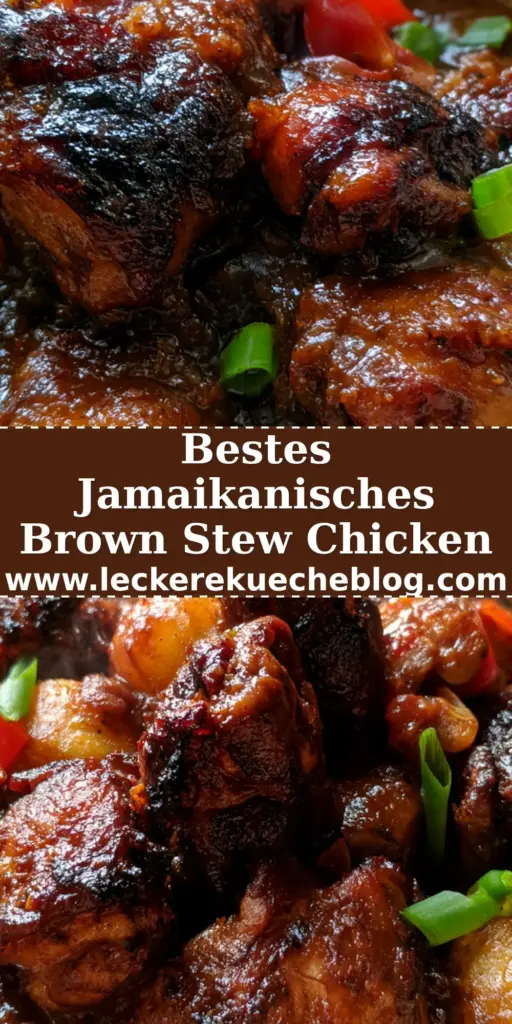 Nahaufnahme von authentischem Brown Stew Chicken in einer Keramikschüssel mit glänzender Sauce und Kartoffeln.