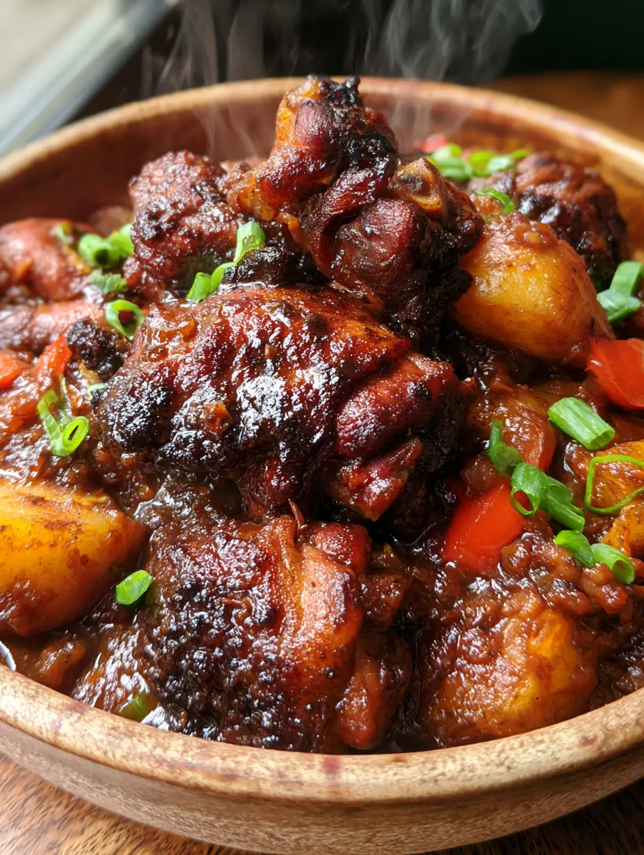 Dampfendes Brown Stew Chicken mit roten Paprikastreifen und Frühlingszwiebeln auf einem Holztisch. (brown stew chicken)