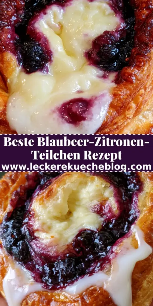 Blaubeer-Zitronen-Teilchen: Das ultimative Rezept für knusprige Blätterteig-Träume 4 Nahaufnahme eines warmen Blaubeer-Zitronen-Teilchens mit glänzender Glasur und Blaubeeren. (blaubeer-zitronen-teilchen)