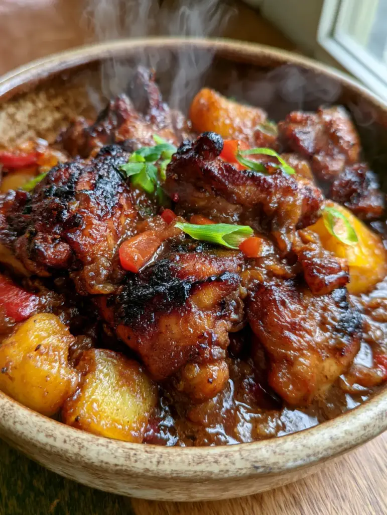 Detailansicht der karamellisierten Hähnchenhaut und der samtigen braunen Sauce. (brown stew chicken)