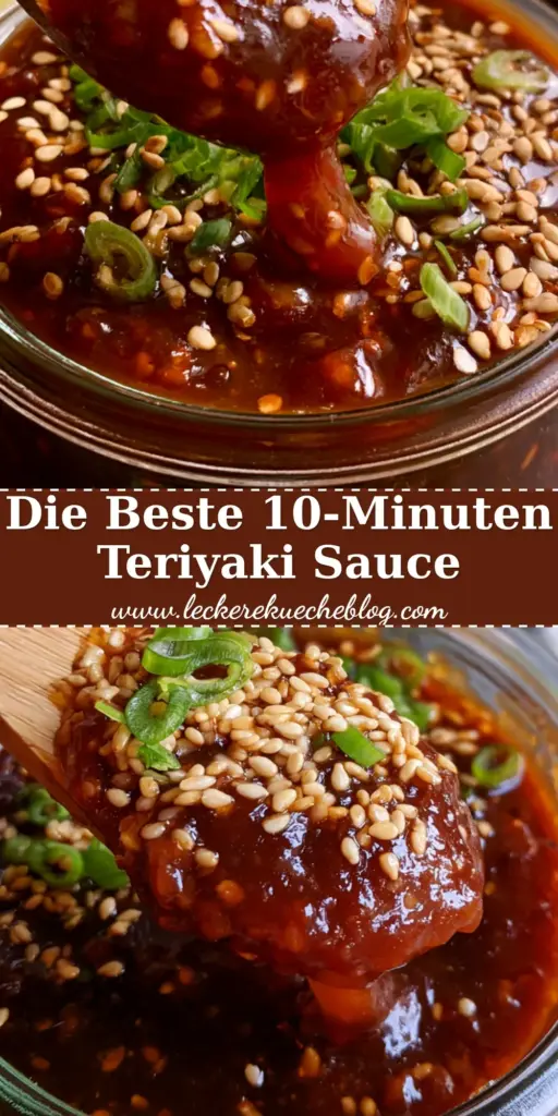 Teriyaki Sauce selber machen: Das ultimative Rezept für eine dickflüssige, glänzende Glasur 3 Nahaufnahme einer dunklen, glänzenden Teriyaki Sauce in einem Glas mit Holzlöffel und Sesam-Garnitur.