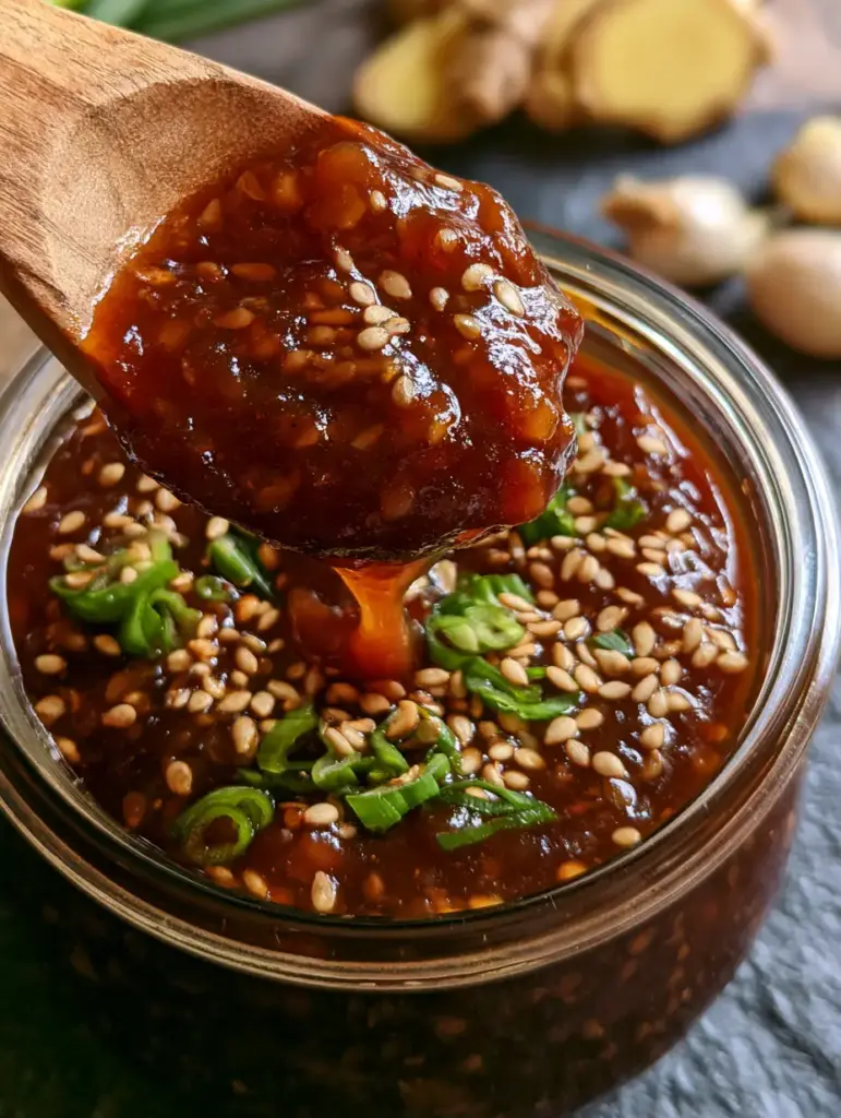 Teriyaki Sauce selber machen: Das ultimative Rezept für eine dickflüssige, glänzende Glasur 2 Extreme Nahaufnahme von dicker Teriyaki Sauce, die von einem Holzlöffel tropft, garniert mit Sesam und Frühlingszwiebeln. (teriyaki sauce)