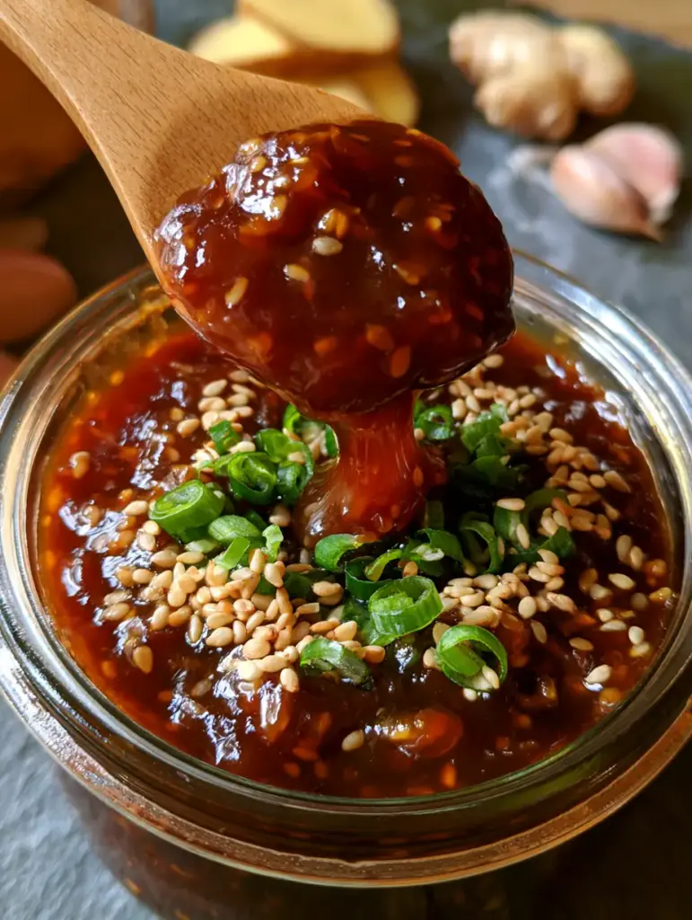 Teriyaki Sauce selber machen: Das ultimative Rezept für eine dickflüssige, glänzende Glasur 1 Rustikales Glas mit dunkler Teriyaki Sauce auf einem Schieferuntergrund mit Ingwer und Knoblauch im Hintergrund.