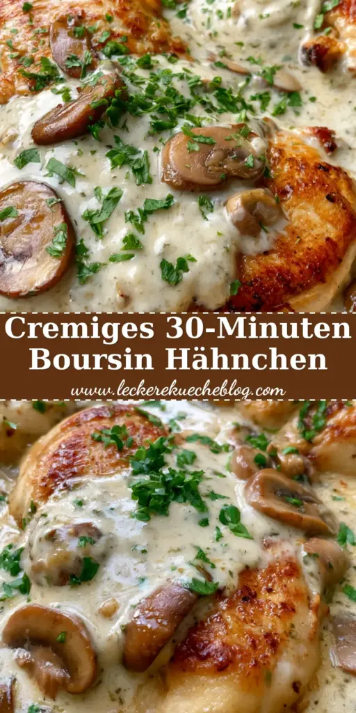 Nahaufnahme von goldbraun gebratenem Boursin-Hähnchen in einer rustikalen Pfanne mit cremiger Sauce und Petersilie.