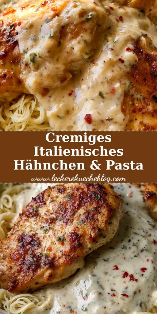 Ein köstliches italienisches hähnchen in cremiger Sahnesauce auf einem Bett aus feiner Pasta.
