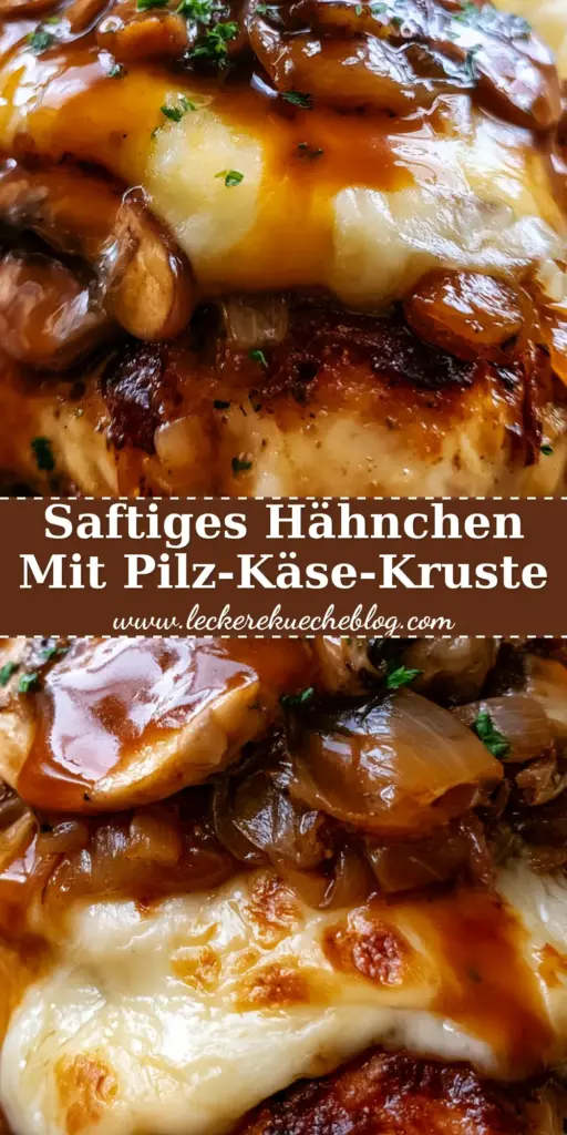 Nahaufnahme von saftigem Smothered Chicken mit geschmolzenem Käse, Pilzen und brauner Sauce auf Kartoffelbrei.
