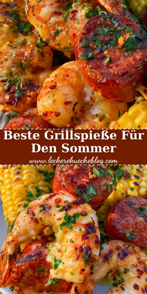 Nahaufnahme von Grillspießen mit Tigergarnelen, Chorizo und Mais auf einem Holztisch in der Abendsonne. (grillspieße)