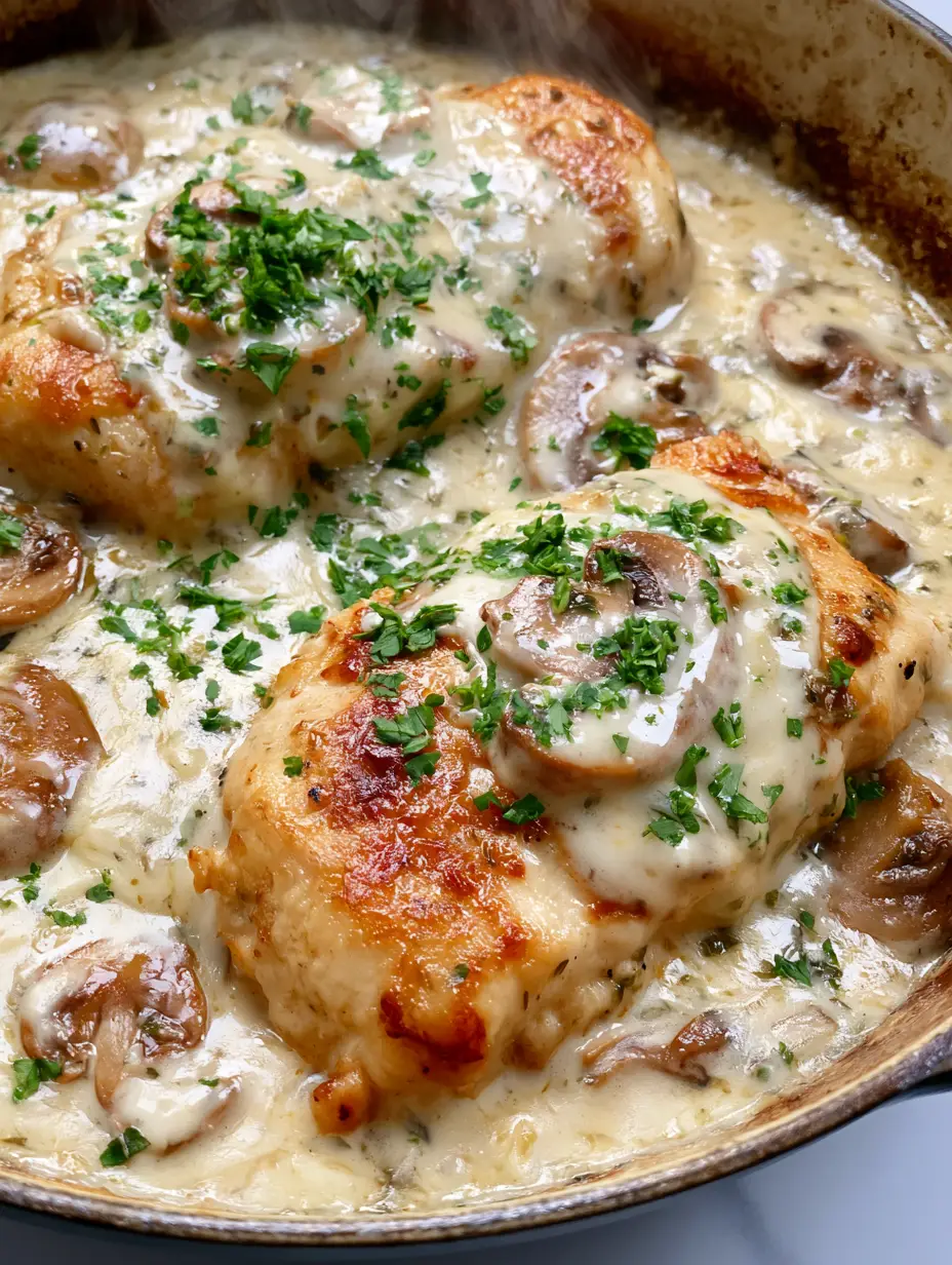 Dampfendes Hähnchen in einer dicken weißen Boursin-Sauce mit Cremini-Pilzen in einer Keramikpfanne. (boursin-hähnchen)