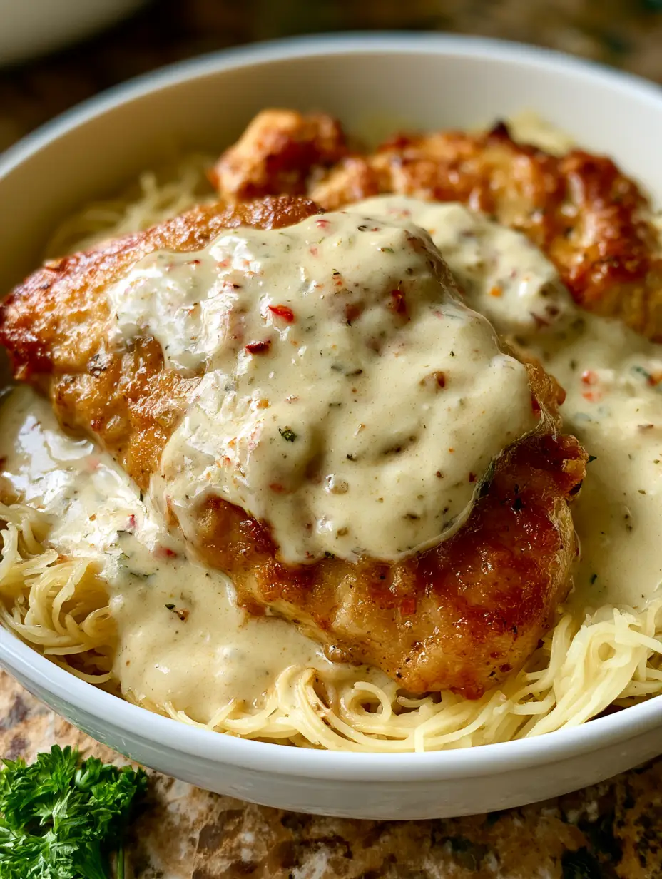 Draufsicht auf italienisches hähnchen in einer weißen Schüssel mit dampfender Pasta und Kräutern.