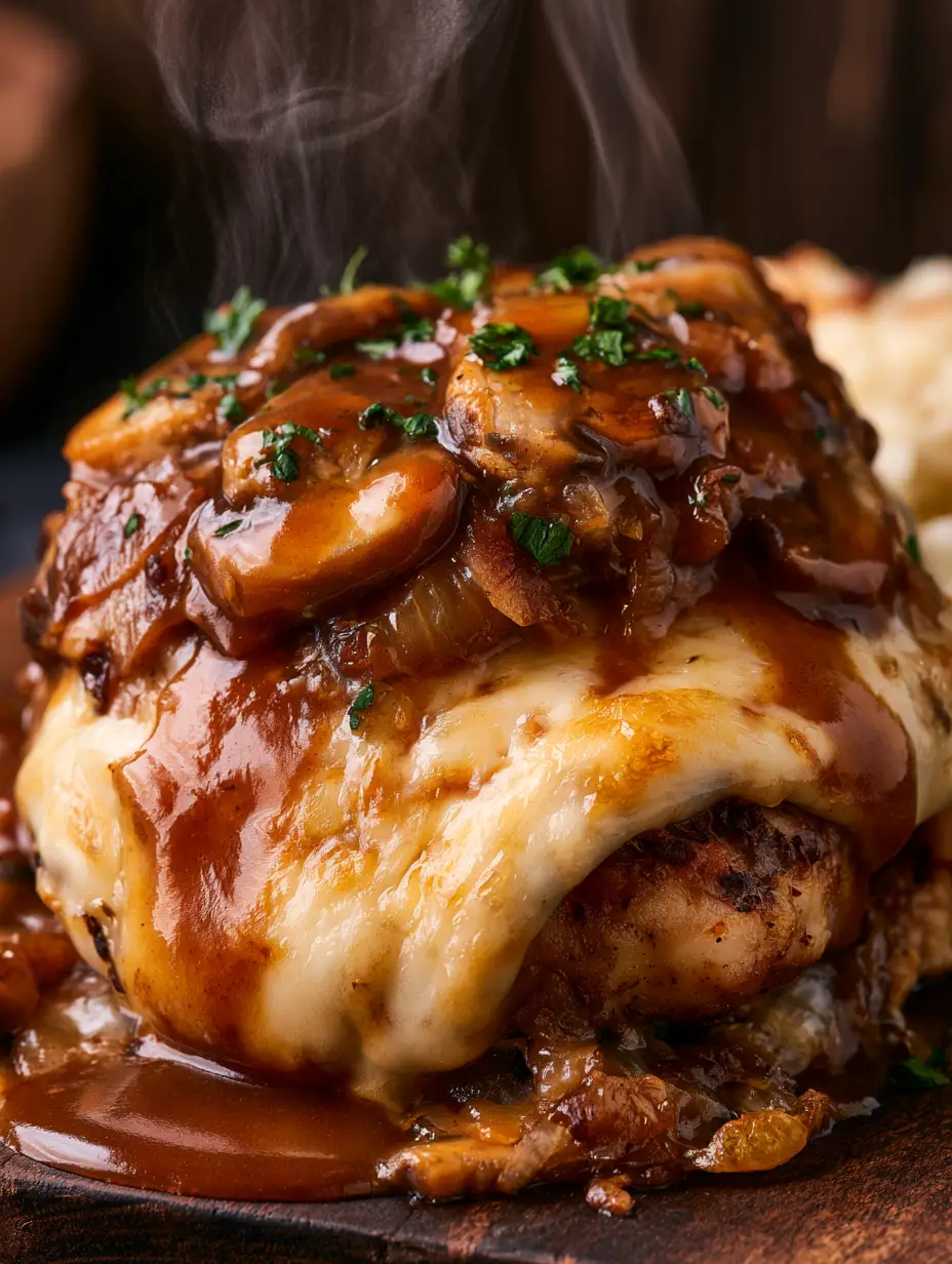 Extreme Nahaufnahme von panierter Hähnchenbrust mit goldgelbem Provolone-Käse und glänzender Bratensauce. (smothered chicken)