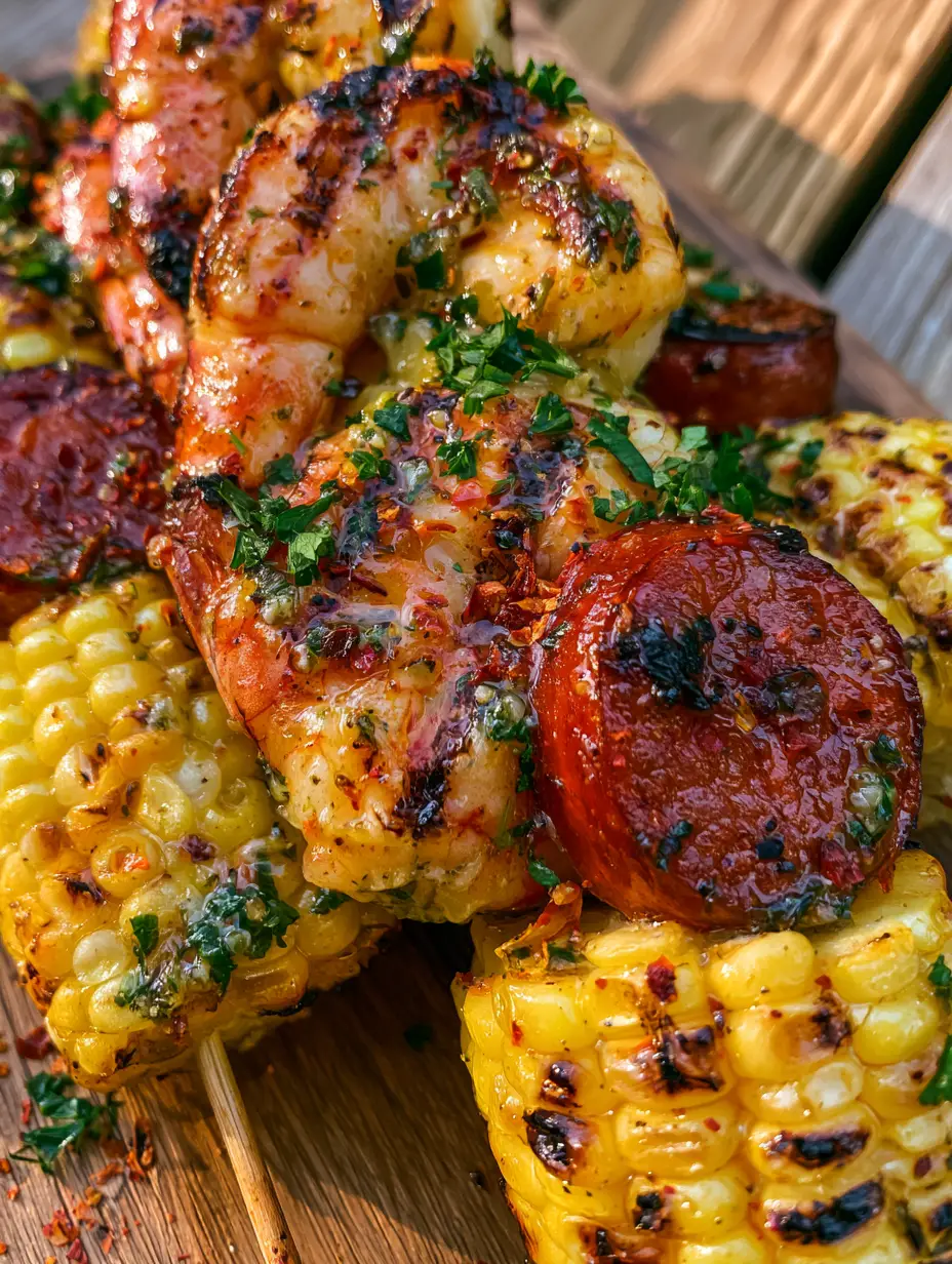 Vertikale Ansicht saftiger Grillspieße mit tiefen Brandstreifen und Kräuterbutter-Glasur. (grillspieße)