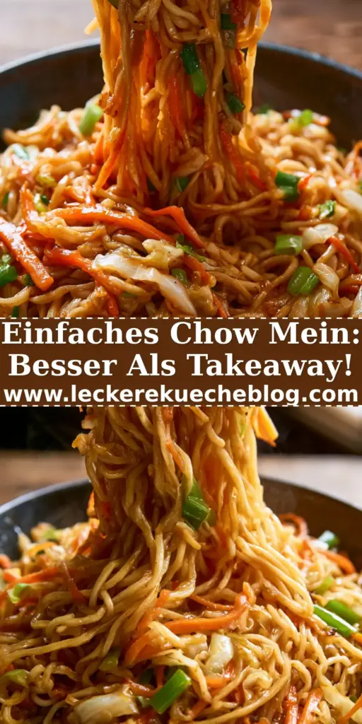 Dampfende Schüssel mit authentischem Chow Mein, glänzenden Nudeln und knackigem Gemüse auf einem rustikalen Holztisch.