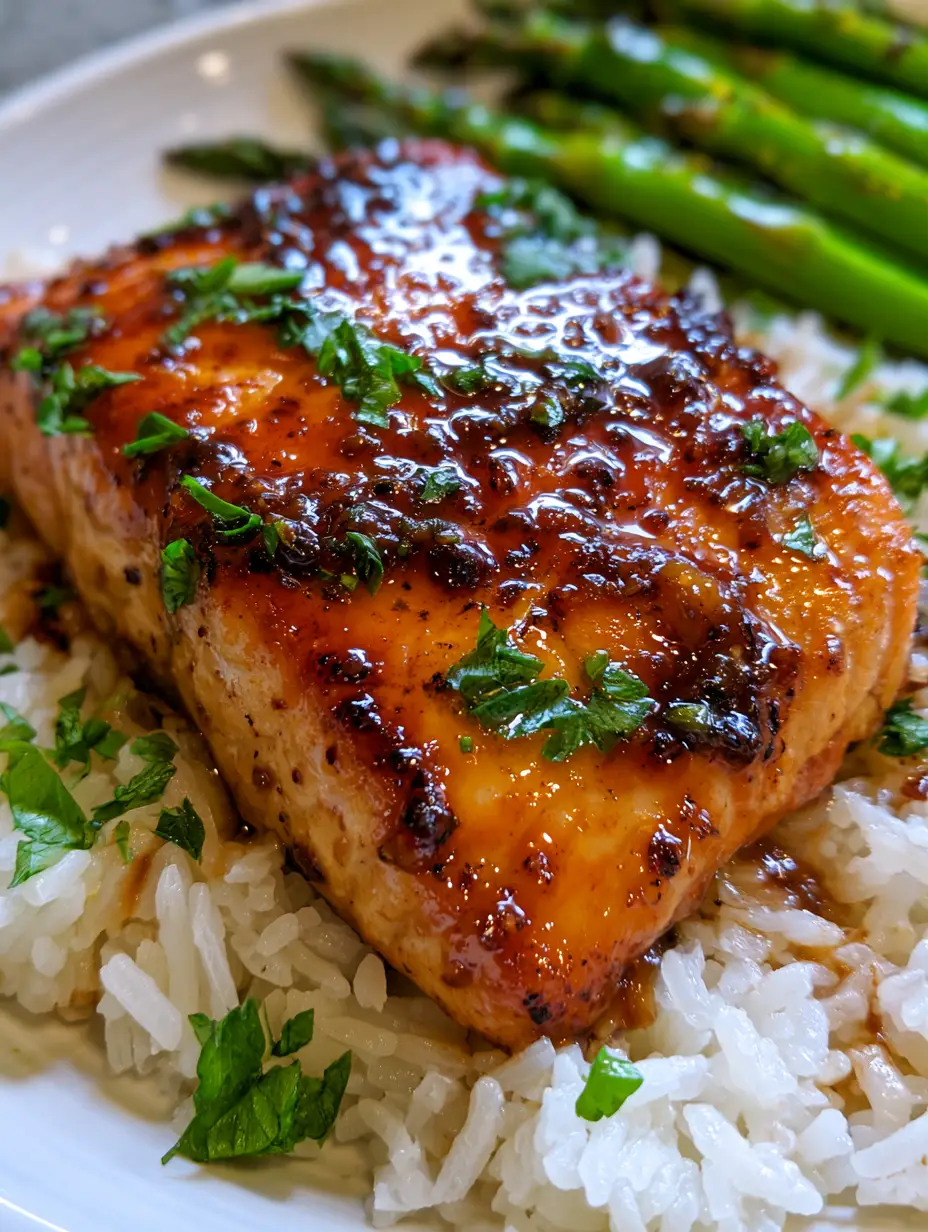 Extreme Makroaufnahme der blubbernden dunklen Glasur auf einem Lachsfilet mit gehackter Petersilie. (lachs mit glasur)