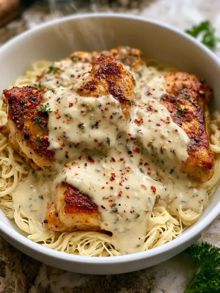 Goldbraun gebratene Hähnchenbrust auf Engelshaar-Nudeln mit Petersilie (italienisches hähnchen).