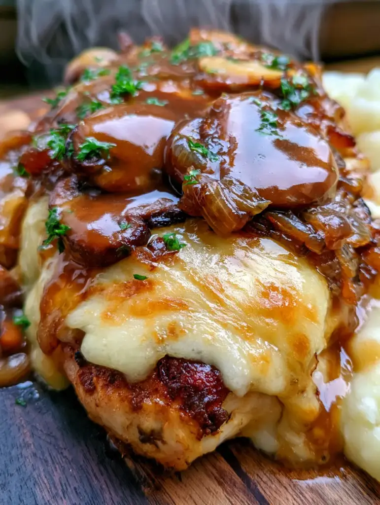 Saftiges Smothered Chicken serviert mit cremigem Kartoffelpüree und frischer Petersilie auf einem rustikalen Hintergrund.