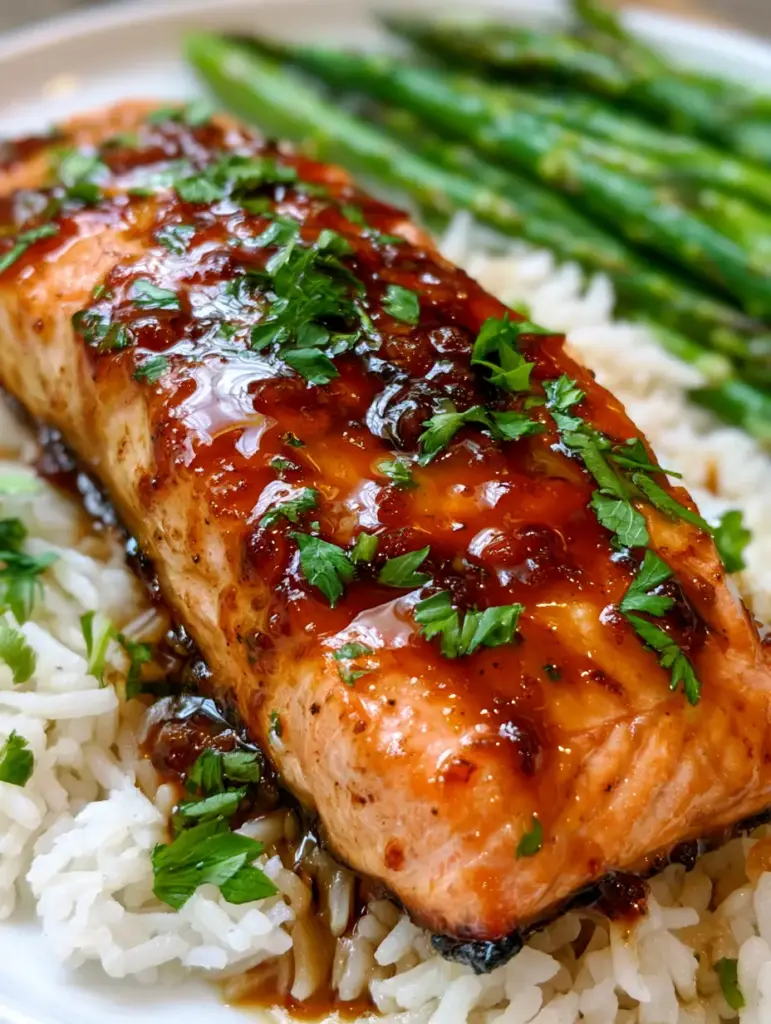 Dampfender Lachs mit Glasur und geröstetem Spargel auf einem weißen Keramikteller.