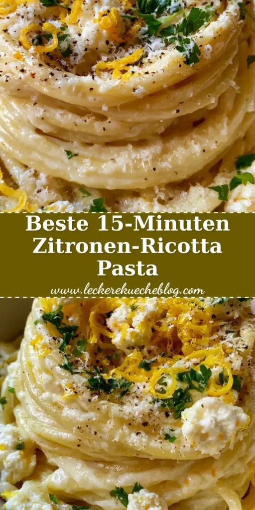 Nahaufnahme einer Schüssel Zitronen-Ricotta-Pasta mit Spaghetti-Nest, cremiger Sauce und Ricotta-Klecksen.