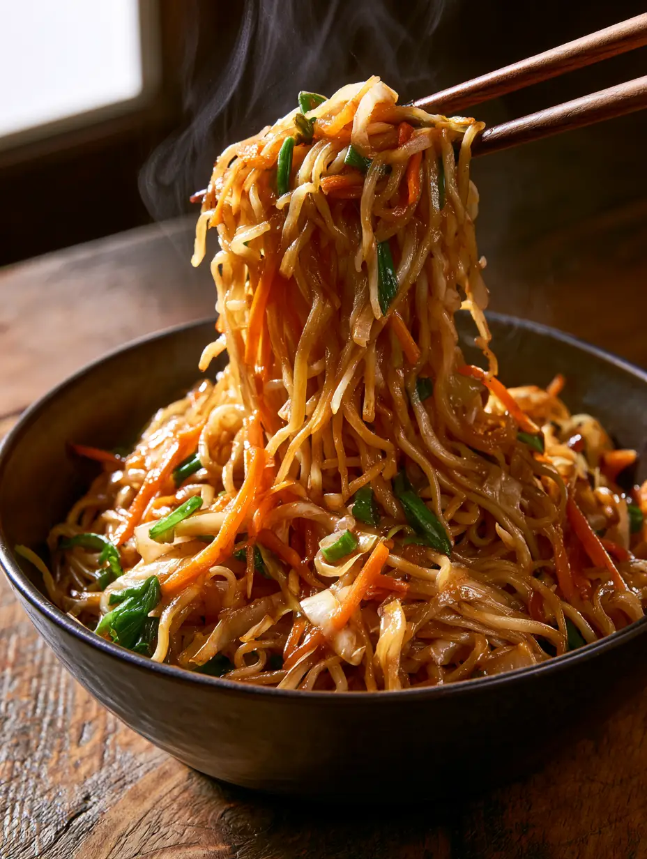 Nahaufnahme von Chow Mein Nudeln, die mit Holzstäbchen aus einer Keramikschüssel gehoben werden. (chow mein)