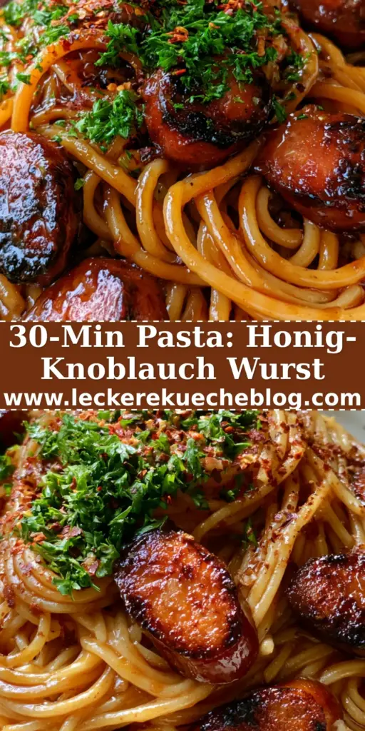 Pasta mit Wurst in klebriger Honig-Knoblauch-Glasur 4 Nahaufnahme einer Schüssel Pasta mit Wurst, glänzender Honig-Knoblauch-Sauce und frischer Petersilie.