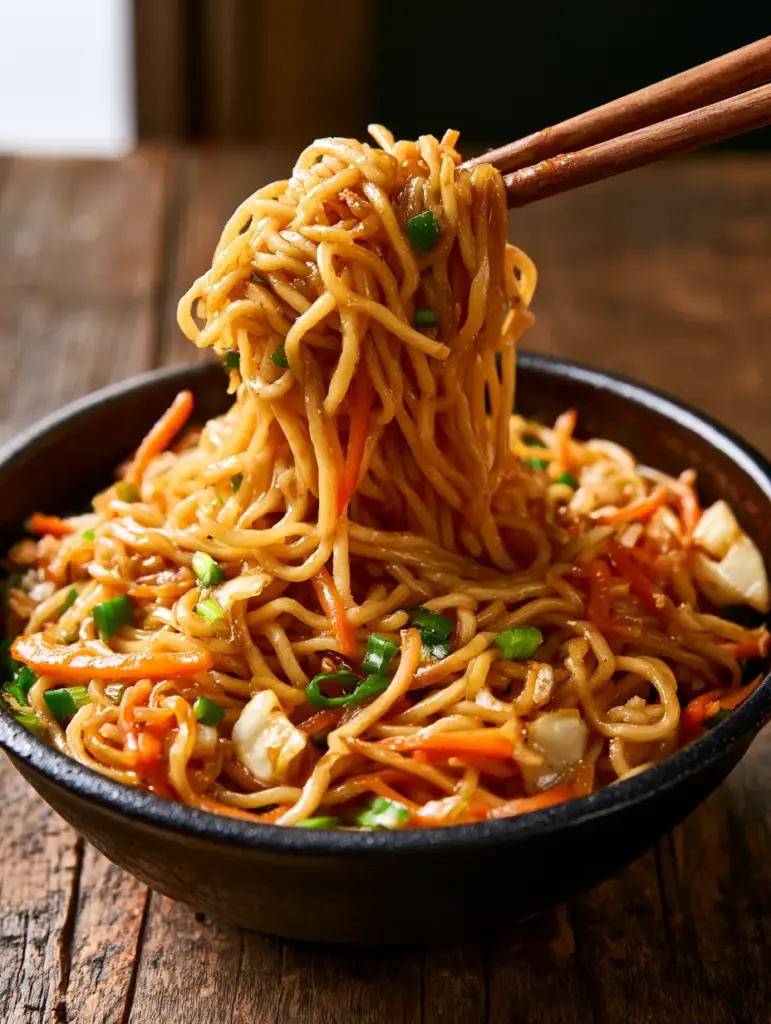 Dampfendes Chow Mein in einer Schüssel mit Fokus auf den glänzenden Look der Sauce und die Frühlingszwiebeln.
