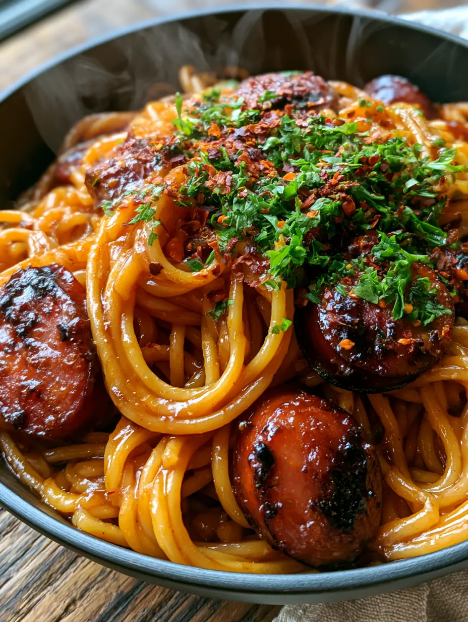 Pasta mit Wurst in klebriger Honig-Knoblauch-Glasur 3 Dampfende Spaghetti mit karamellisierter Kielbasa und dicker Glasur in einer Schale. (pasta mit wurst)