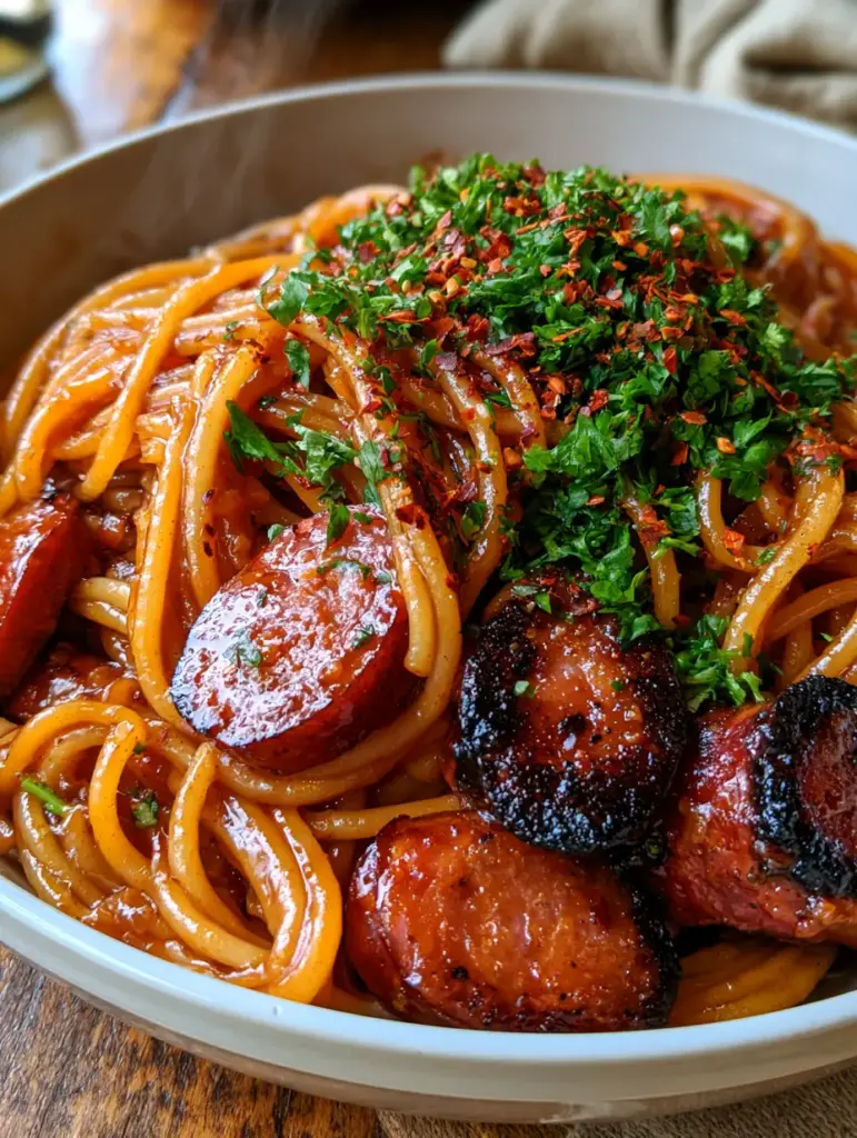 Pasta mit Wurst in klebriger Honig-Knoblauch-Glasur 1 Draufsicht auf eine rustikale Schüssel mit Pasta mit Wurst auf einem Holztisch.