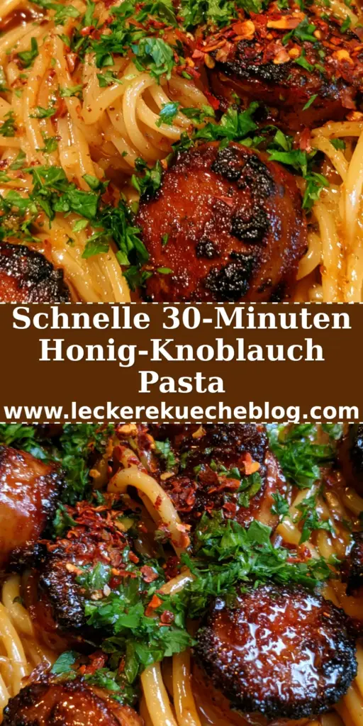 Nahaufnahme einer Pfanne mit Honig-Knoblauch-Wurst-Pasta, glänzende Spaghetti und karamellisierte Wurstscheiben. (honig-knoblauch-wurst-pasta)