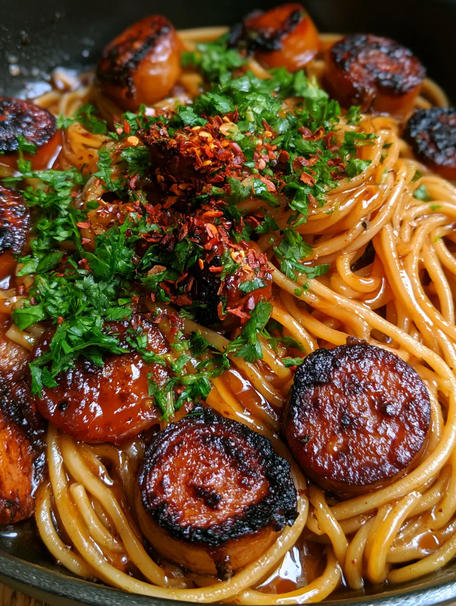 Makro-Aufnahme von klebriger Honig-Knoblauch-Sauce auf Spaghetti mit knuspriger Wurst. (honig-knoblauch-wurst-pasta)