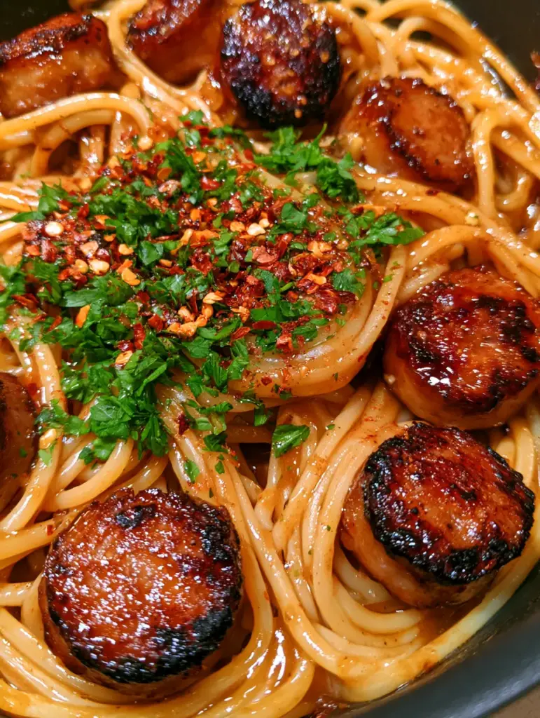 Pfanne mit Honig-Knoblauch-Wurst-Pasta, bestreut mit Petersilie und Chiliflocken.