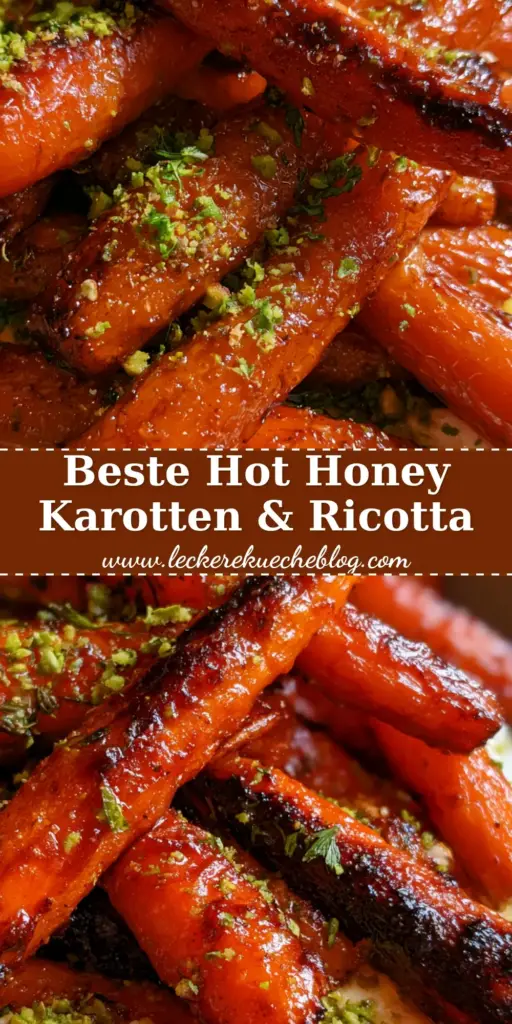 Ofenkarotten mit Ricotta: Das ultimative Rezept für geröstete Möhren mit Hot Honey 4 Nahaufnahme von glänzenden Ofenkarotten mit Ricotta, Hot Honey Glasur und Pistazien Topping.