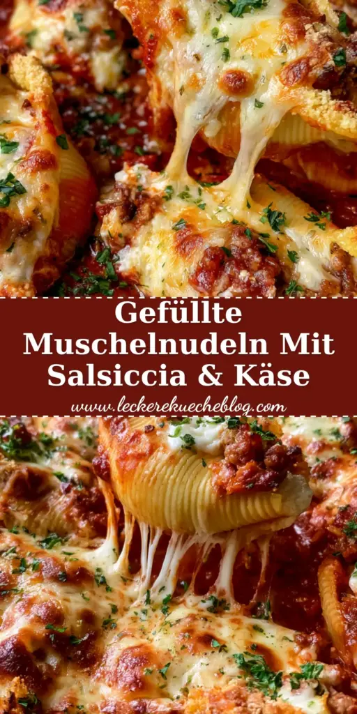 Nahaufnahme von überbackene muschelnudeln in einer Auflaufform mit geschmolzenem Käse und Petersilie.