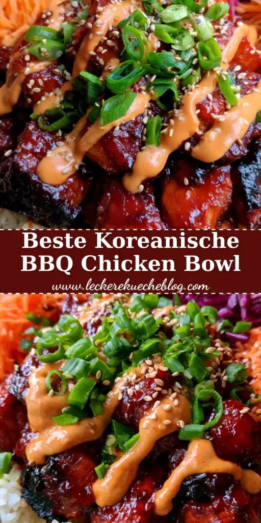 BBQ Chicken Bowls mit Gochujang: Das ultimative Rezept für koreanisches Comfort Food 4 Draufsicht auf eine BBQ Chicken Bowl mit glänzendem Gochujang-Hähnchen, Karotten, Rotkohl und Frühlingszwiebeln auf Jasminreis. (bbq chicken bowls)
