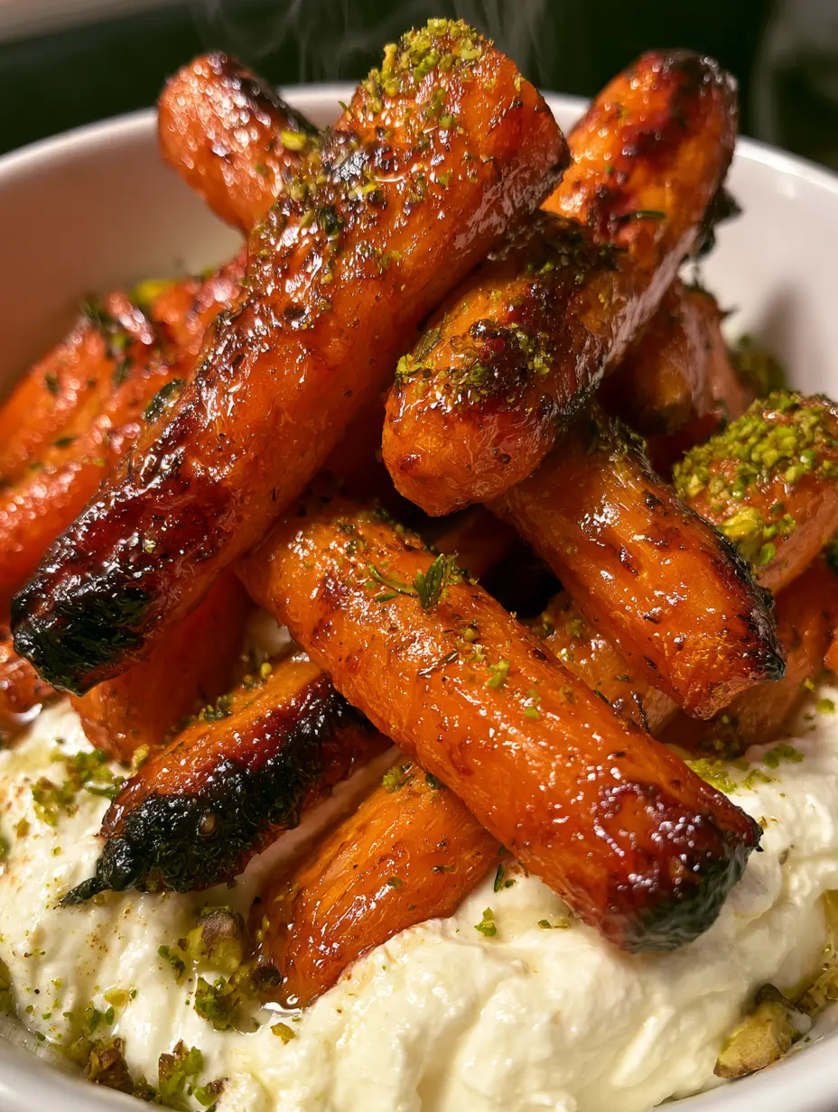 Ofenkarotten mit Ricotta: Das ultimative Rezept für geröstete Möhren mit Hot Honey 3 Extreme Nahaufnahme von glänzenden Hot Honey Karotten mit verkohlten Rändern auf Ricotta. (ofenkarotten mit ricotta)