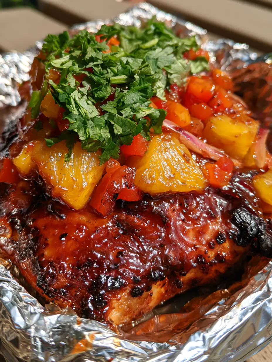 Hawaii BBQ Hähnchen: Das saftigste Grillrezept mit Ananas aus der Folie 3 Draufsicht auf ein Hawaii BBQ Hähnchen Folienpaket mit glänzender Sauce, roten Zwiebeln und Paprika. (hawaii bbq hähnchen)