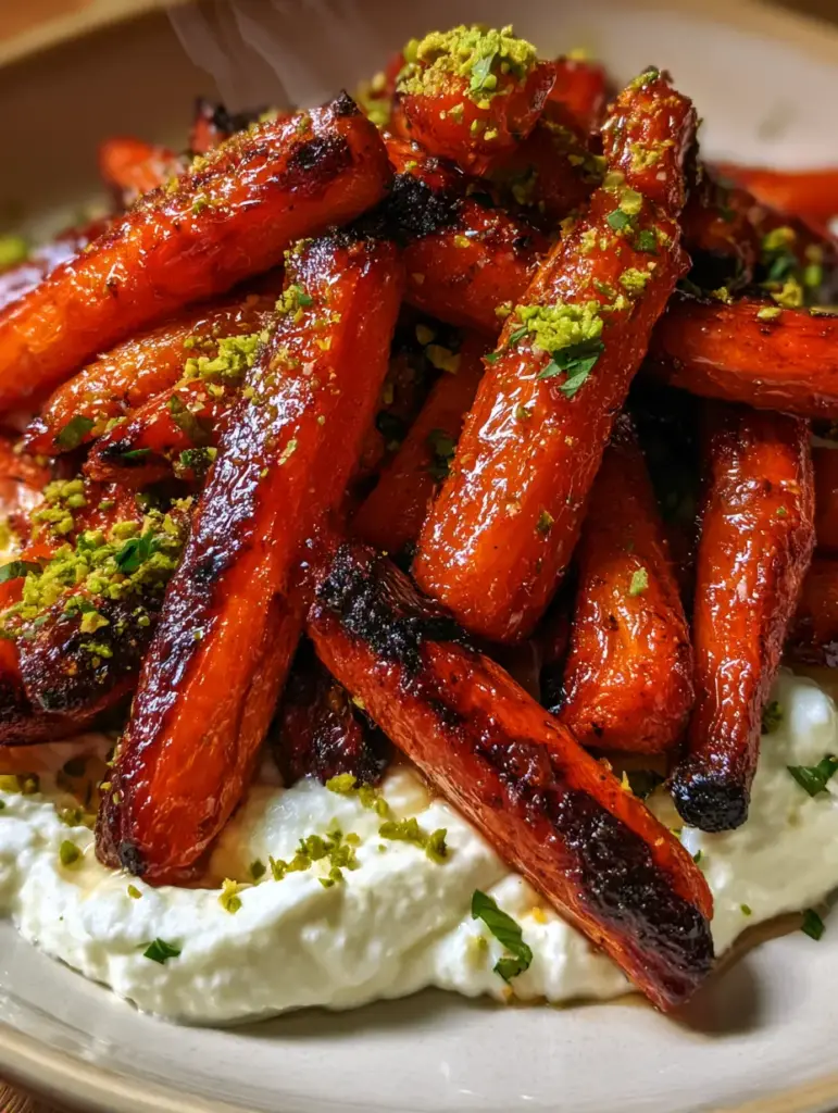 Ofenkarotten mit Ricotta: Das ultimative Rezept für geröstete Möhren mit Hot Honey 1 Ofenkarotten mit Ricotta serviert mit frischen Kräutern und gehackten Pistazien.