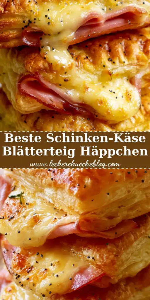Schinken-Käse-Häppchen: Das ultimative Rezept für goldgelbe Blätterteig-Snacks 4 Vertikale Nahaufnahme von gestapelten Schinken-Käse-Häppchen auf einem Holzbrett mit geschmolzenem Gruyère und Mohn. (schinken-käse-häppchen)