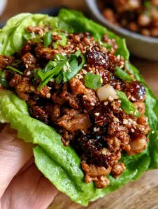 Nahaufnahme von hähnchen-salatwraps mit dunkler Hoisin-Glasur, Wasserkastanien und frischen Kräutern auf einem Holztisch. (hähnchen-salatwraps)