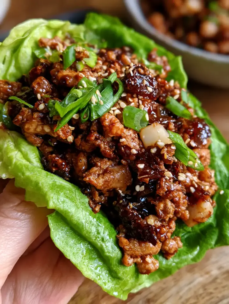 Hähnchen-Salatwraps: Ein knuspriges, asiatisches Geschmackserlebnis in 20 Minuten 2 Nahaufnahme von hähnchen-salatwraps mit dunkler Hoisin-Glasur, Wasserkastanien und frischen Kräutern auf einem Holztisch. (hähnchen-salatwraps)