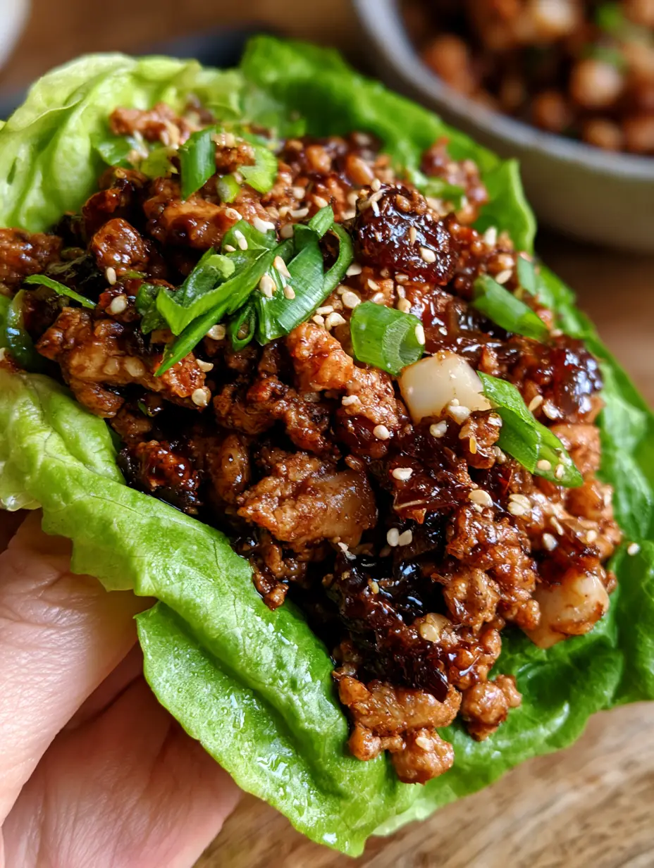 Hähnchen-Salatwraps: Ein knuspriges, asiatisches Geschmackserlebnis in 20 Minuten 3 Nahaufnahme von hähnchen-salatwraps mit dunkler Hoisin-Glasur, Wasserkastanien und frischen Kräutern auf einem Holztisch. (hähnchen-salatwraps)