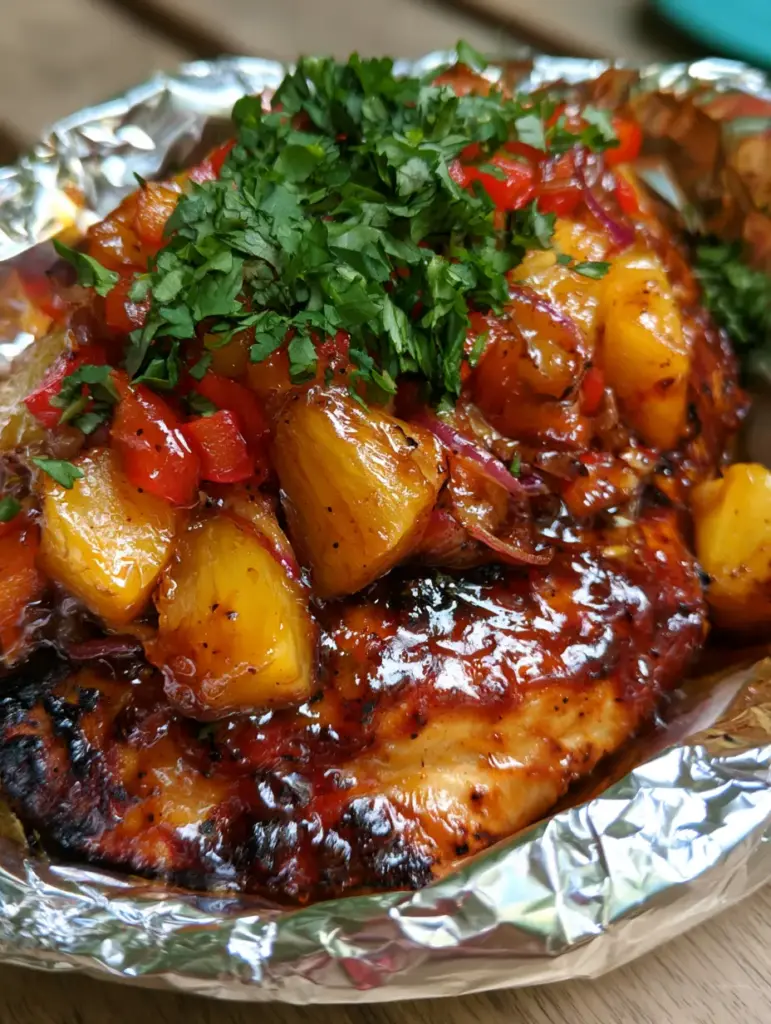 Hawaii BBQ Hähnchen: Das saftigste Grillrezept mit Ananas aus der Folie 1 Ein appetitliches Hawaii BBQ Hähnchen in Alufolie, garniert mit viel frischem Koriander.