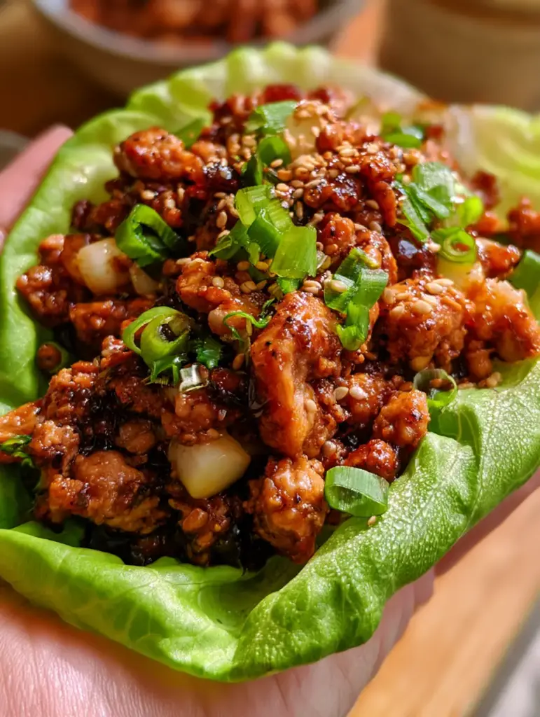 Hähnchen-Salatwraps: Ein knuspriges, asiatisches Geschmackserlebnis in 20 Minuten 1 Zubereitete hähnchen-salatwraps in einer Schüssel mit Fokus auf die Textur der Wasserkastanien und Sesamkörner.