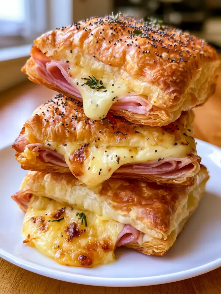 Schinken-Käse-Häppchen: Das ultimative Rezept für goldgelbe Blätterteig-Snacks 2 Detailaufnahme der ultra-blättrigen Schichten eines Schinken-Käse-Häppchens im warmen Sonnenlicht. (schinken-käse-häppchen)