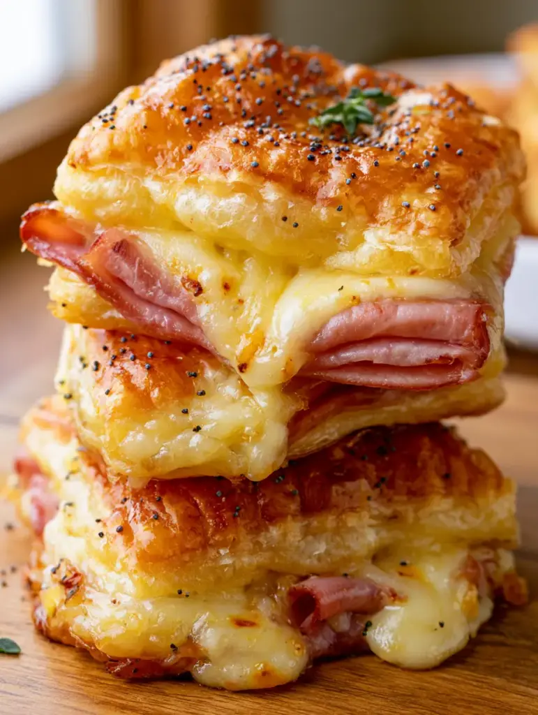 Schinken-Käse-Häppchen: Das ultimative Rezept für goldgelbe Blätterteig-Snacks 1 Geschmolzener Gruyère-Käse, der zwischen Schinkenscheiben und Mohn-Blätterteig hervorquillt.