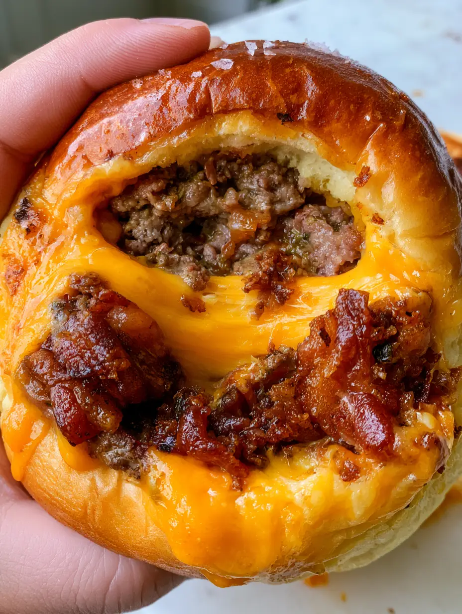 Nahaufnahme einer Bacon-Cheeseburger-Bombe, die auseinandergezogen wird und geschmolzenen Cheddar zeigt.